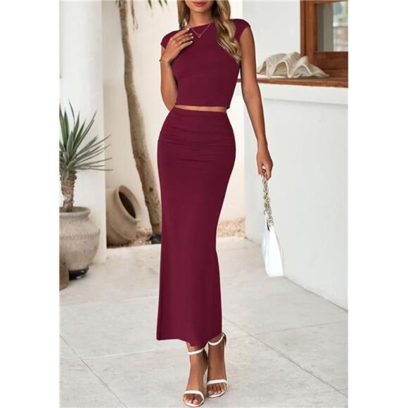 Skirt Sets Women 2 Piece Outfits Burgundy - Picture 6 of 6